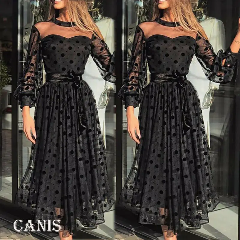 Goocheer New Arrival Plus Size Women Ladies Lace Mesh Sheer Long Sleeve Polks Dot Dresses Evening Party Gown Vestidos | Женская одежда