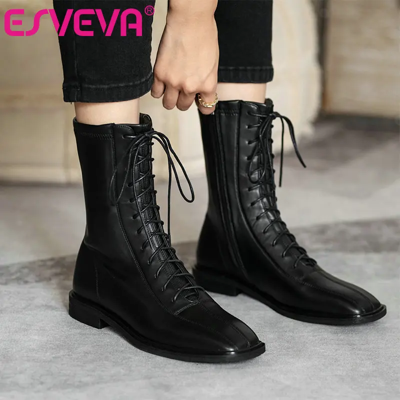 ESVEVA 2021 Lace Up Square Heel Leather+PU All Match Ankle Boots Platform Women Toe Shoes Size 34-39 | Обувь