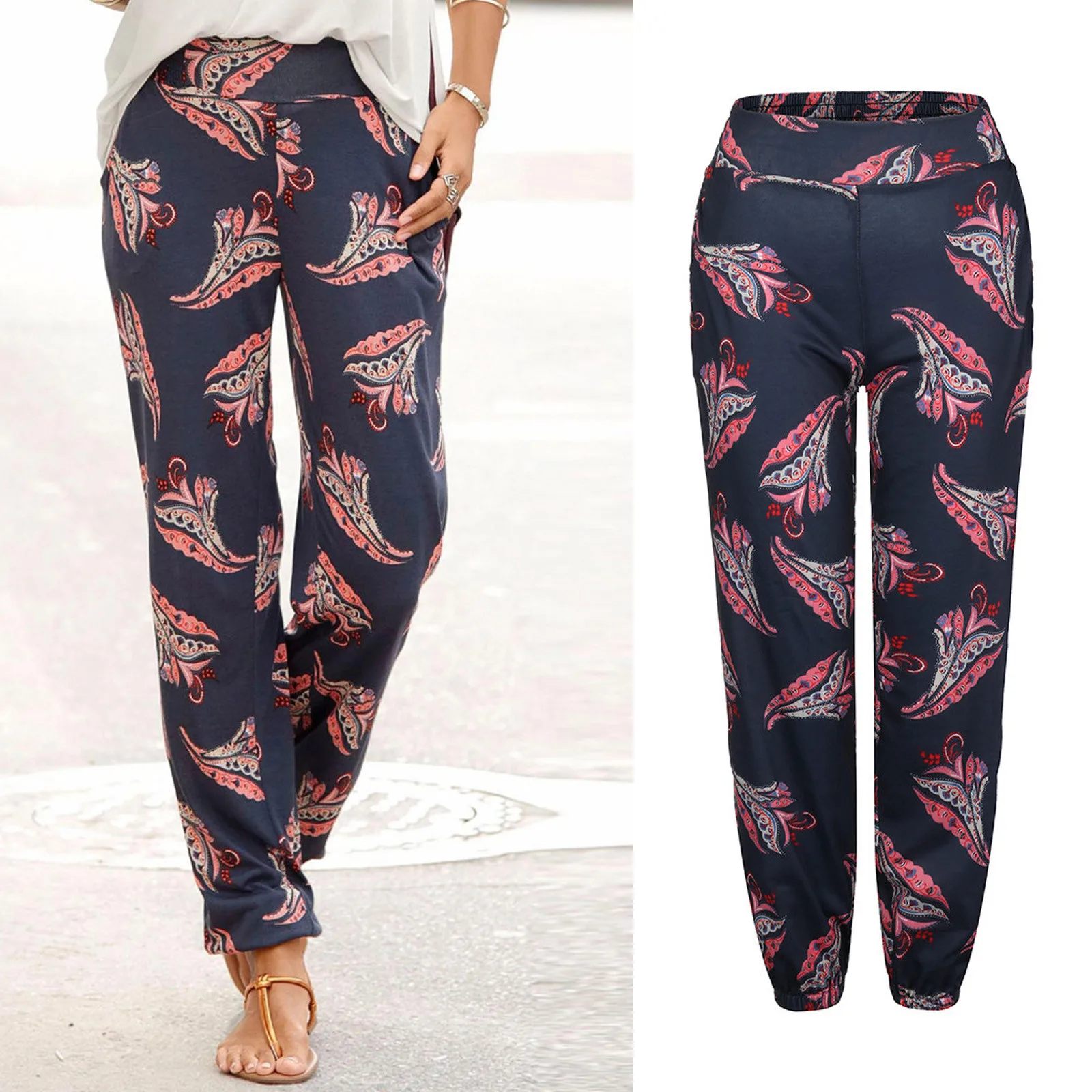 

Leggings Women Elastic Waist Printing Easy Legging Femme Long Pants Boho Joggings Pockets Pants Gym Clothing Leggins Mujer