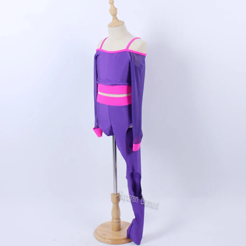 Новый комбинезон полного рукава с подтяжками для девочек с персонализацией фиолетового цвета с вырезами под джазовый танец, костюм для выступления на сцене.