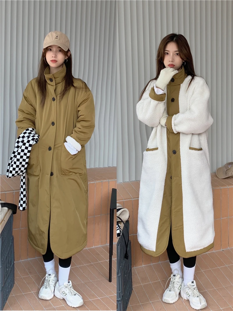 

Reversible Fleece Ling Long Coat For Women Winter Loose Long Sleeve Overcoat Lady Casual Single Breasted Outwear
