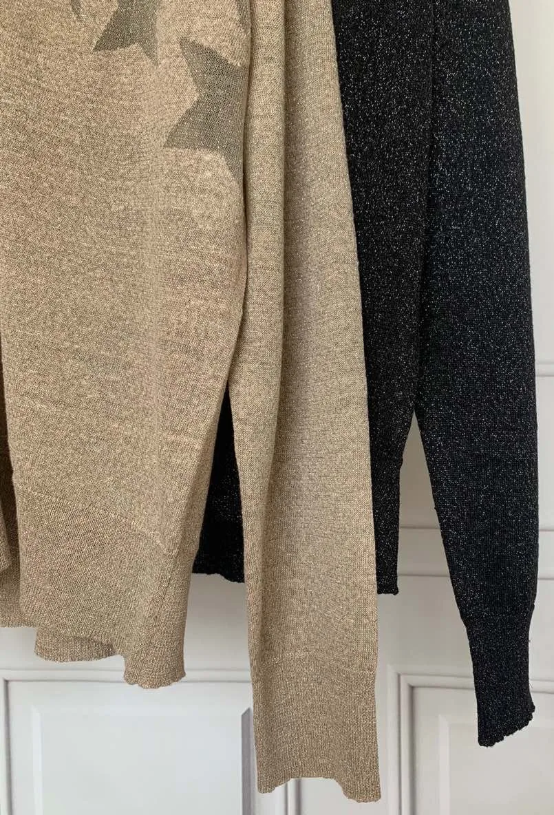 2021 Spring Autumn New Fashion V-neck Digital Pentagram Design Blazed Gold and Silver Thread Linen Knitted Cardigan Top Z1