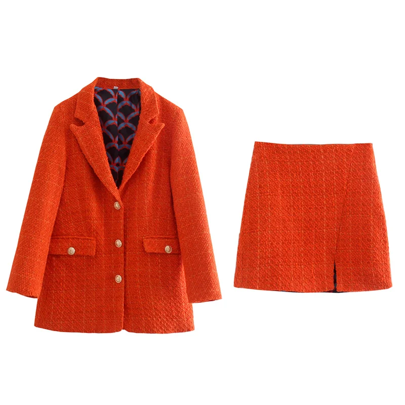

TRAF Women 2021 Fashion Two-Piece Suit Tweed Check Single-Breasted Blazer With Front Slit Mini Skirt Suit Streetwear