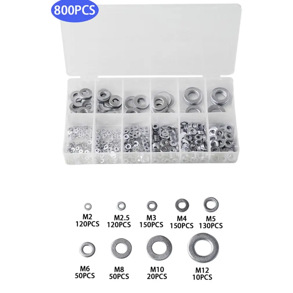 

800pcs M1.6 M2 M2.5 M3 M4 M5 M6 M8 M10 M12 M14 M16 GB97 304 Stainless Steel Flat Washer Plain Washer Flat gasket