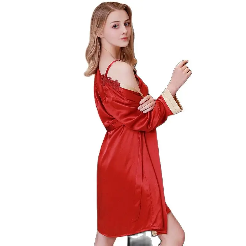 Халат женский из натурального шелка пикантная ночная рубашка двух предметов на