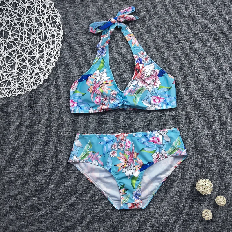 

Push Up Swimwear 2021 Printed Halterneck Split Swimsuit Women's High Waist Plus Size Bikini Suit Girl Outdoor Swimming Clothes