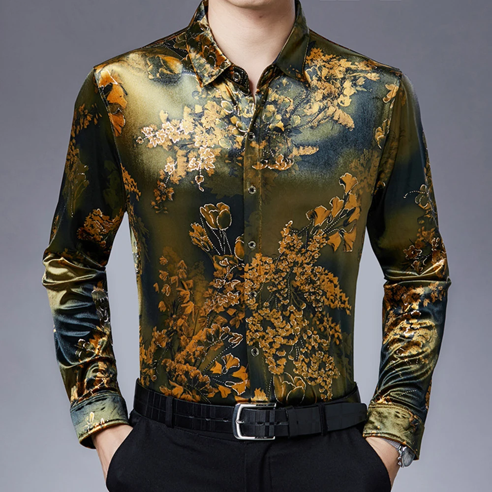 Men Print Camisas Hombre Royal Slim Baroque Men Clothing Club Party Dress Shirt Velvet