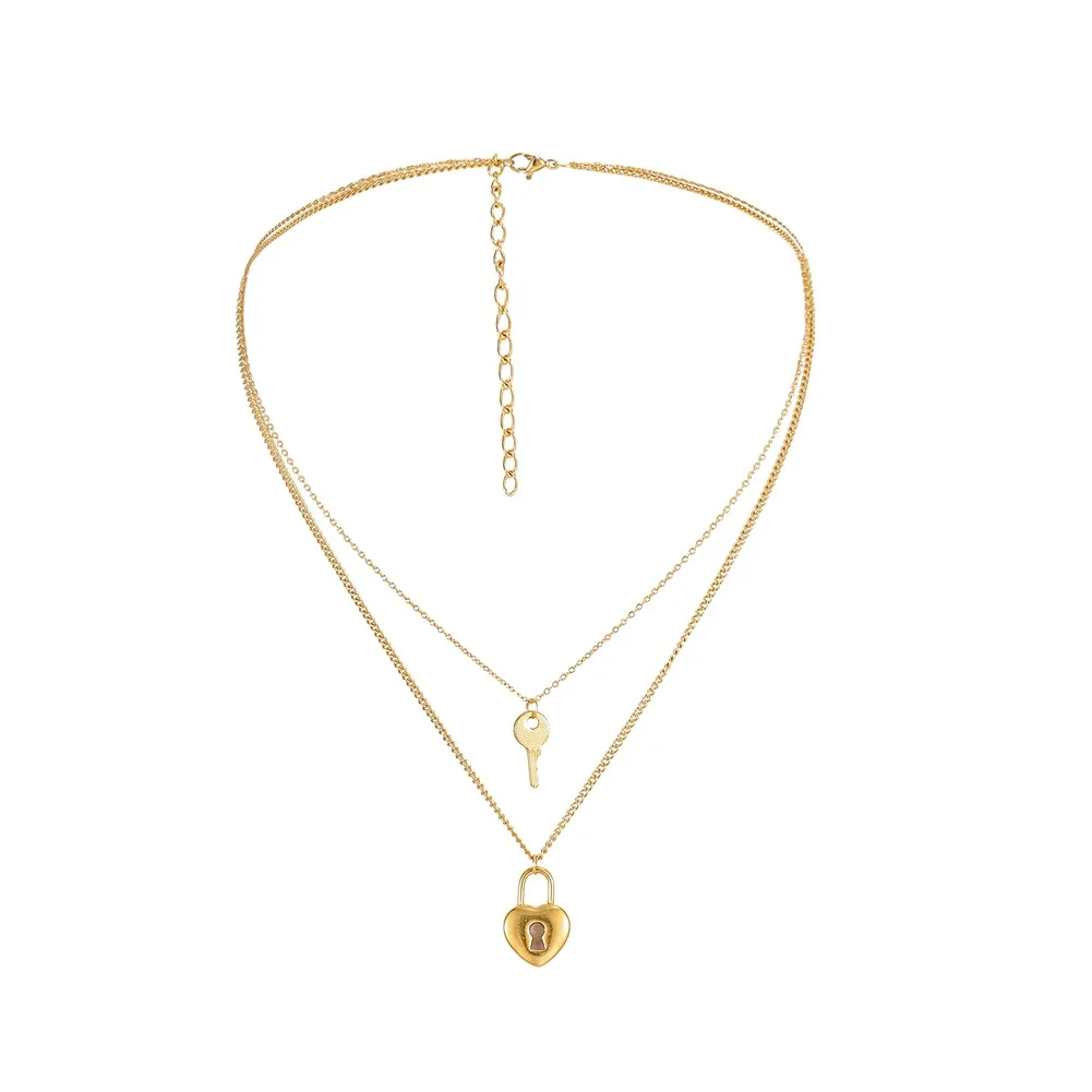 

Stainless Steel Lock Key Necklace For Women Metal Key Love Lock Pendant Necklace Choker Gold Color 2 layer Chain Female