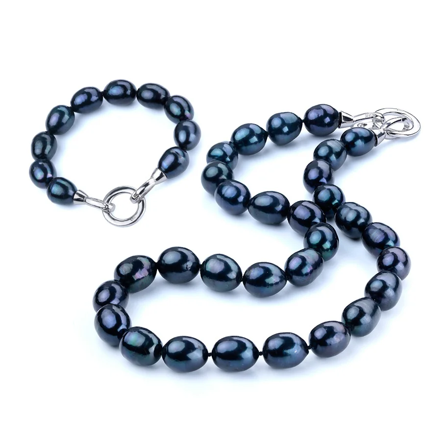 

Dainashi Big Black 11-12mm Natural Freshwater Peal Necklace Bracelet 925 Sterling Silver Fine Jewelry Gift For Women Drop Shape