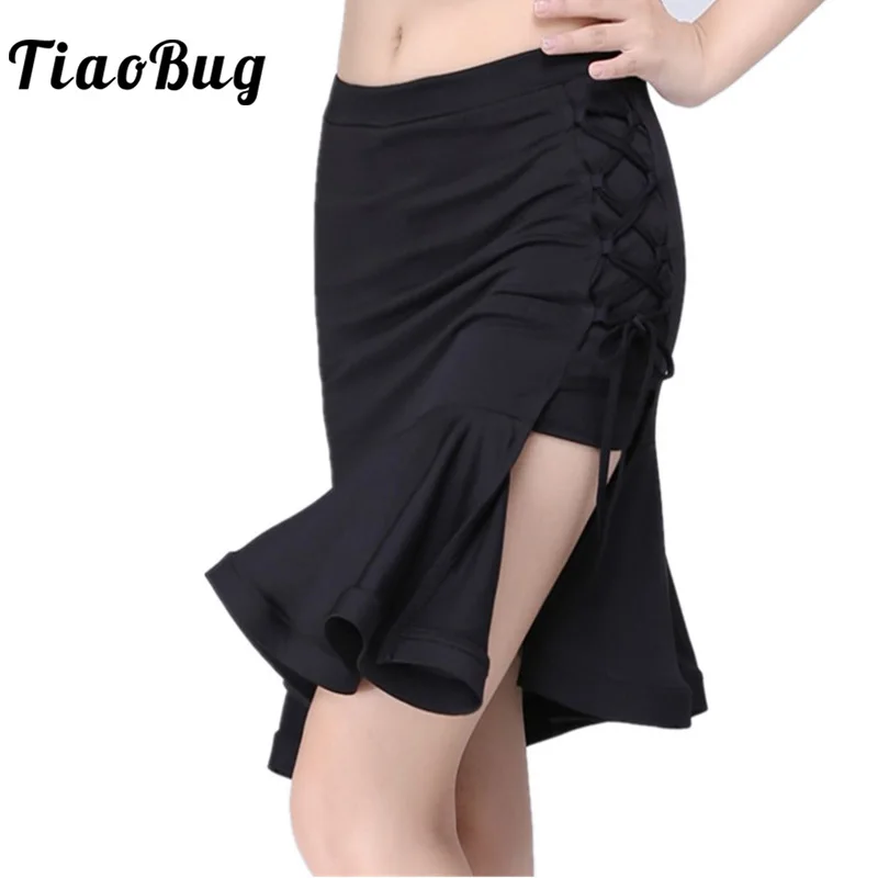 

Women Latin Dance Skirt Solid Color Side Split Lace-Up Ruffle Miniskirt Ballroom Tango Rumba Salsa Dancewear Competition Costume
