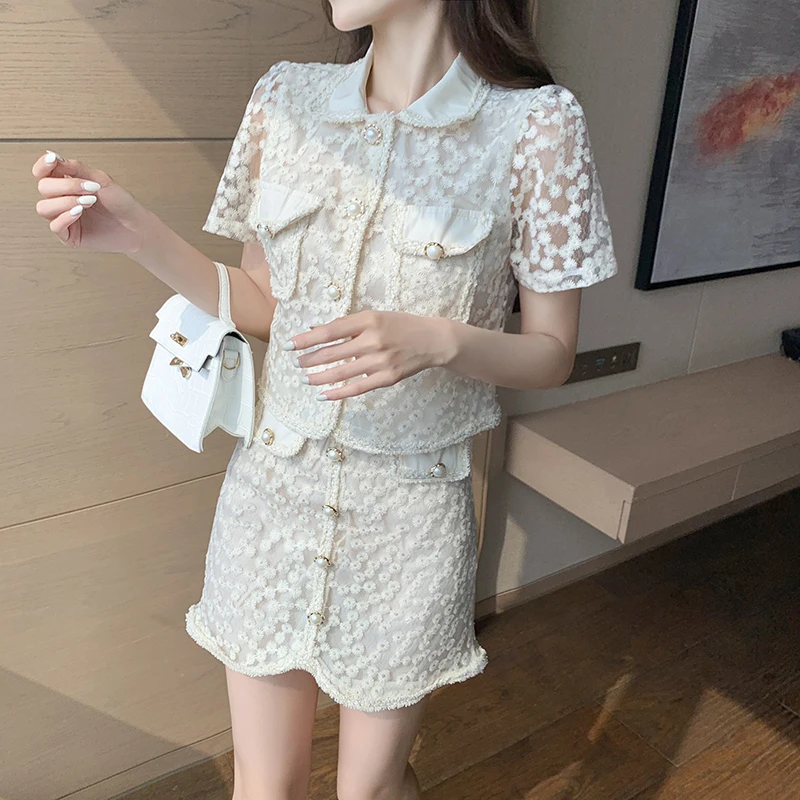 

New Fashion Suit 2021 Summer Lapel Heavy Industry Embroidered Tops + Mini Skirt Women's Pearls Button Two-Piece Sets