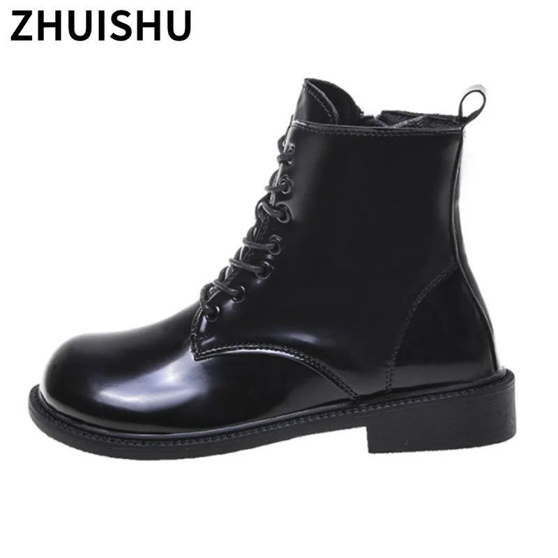 

2021 Short Boots New Thick Heel Middle Heel Autumn Winter Leather Martin Boots Lace Up Thick Soled Women's Boots Zapatos Mujer