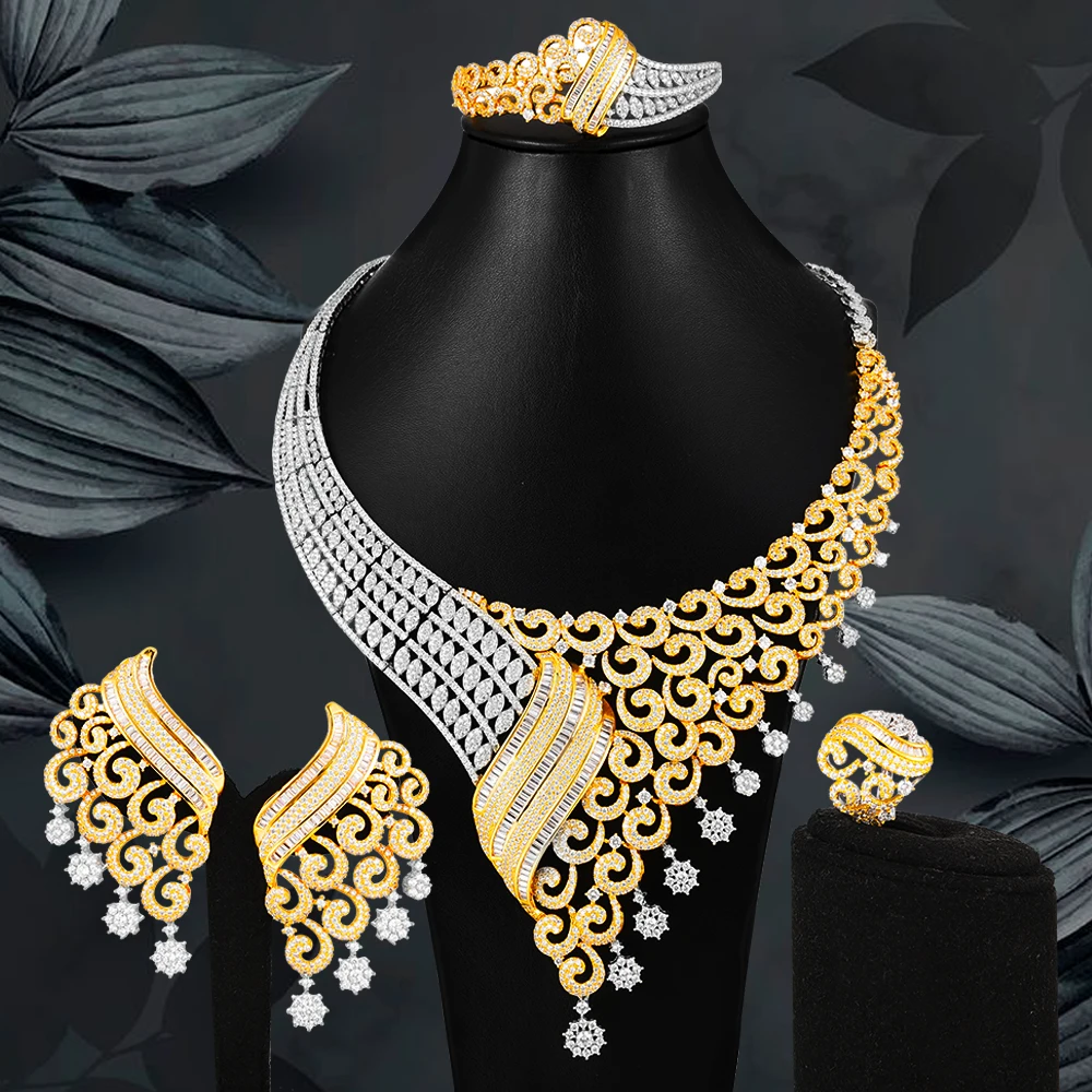 

Blachette Brand 4pcs Women Bridal African Beads Cubic Zirconia Nigerian Collar Necklace Earrings Bracelet Ring Wedding Jewelry