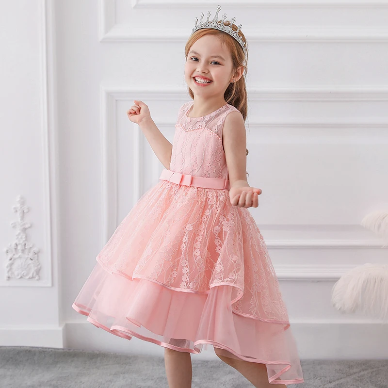 

Bead Neck Flower White Dress Kids Dresses For Girls Children Costume Llittle Lace Princess Tailing Christening Party Dress
