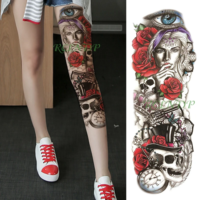 

Водостойкая Временная тату-наклейка череп сексуальная девушка красная Роза карманные часы на всю руку фальшивая тату рукав-вспышка тату дл...