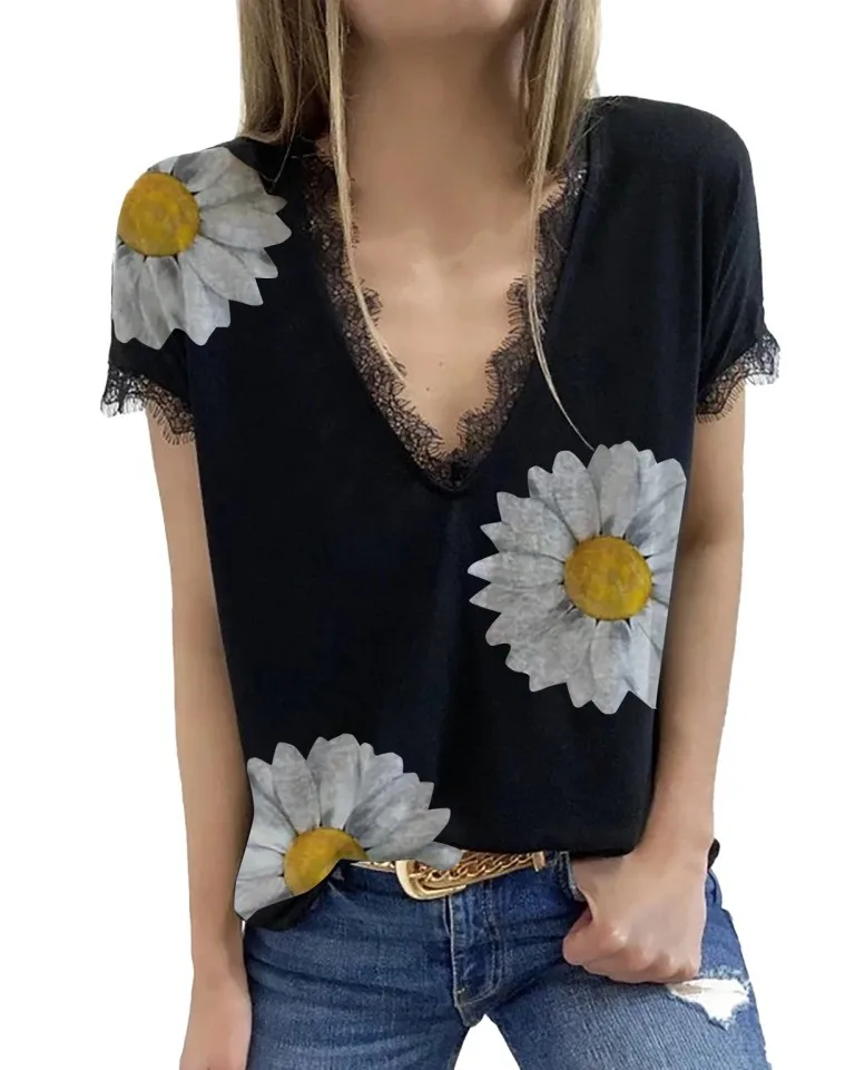 Летняя Кружевная футболка с V-образным вырезом и принтом Женский Повседневный