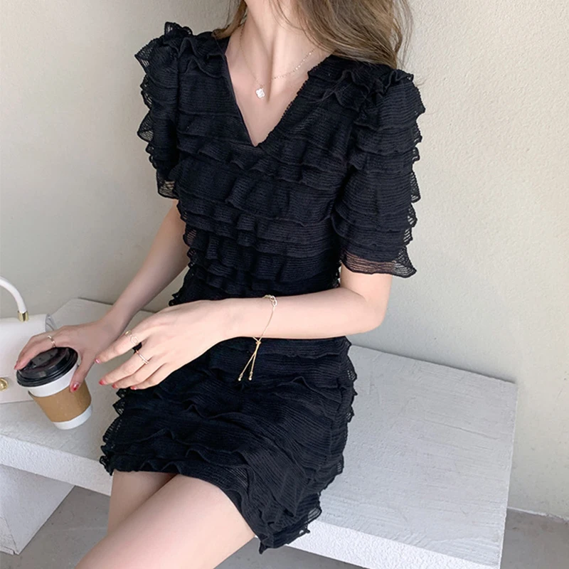 

New Arrival Fashion Summer Beach Mini Dress Ladies Casual Elegant Sweet Sexy V-Neck Short Sleeve Cascading Ruffle Party Sundress