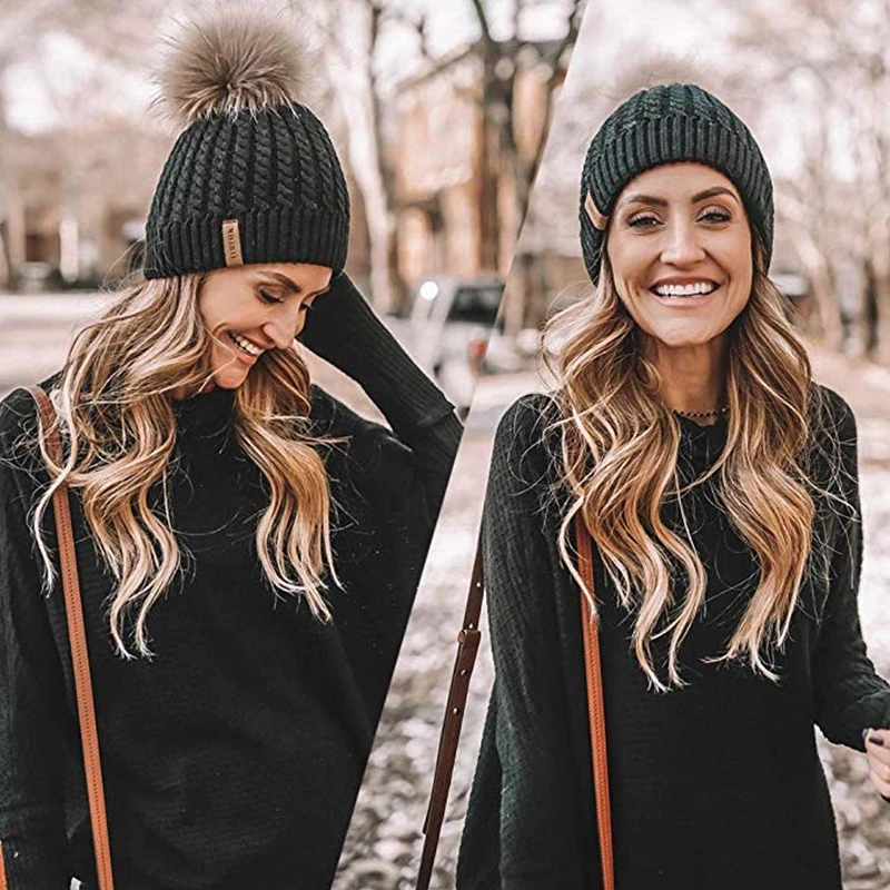 Furtalk Настоящее Меховая Шапка Женская Двойная Подкладка Большой Енота Помпон