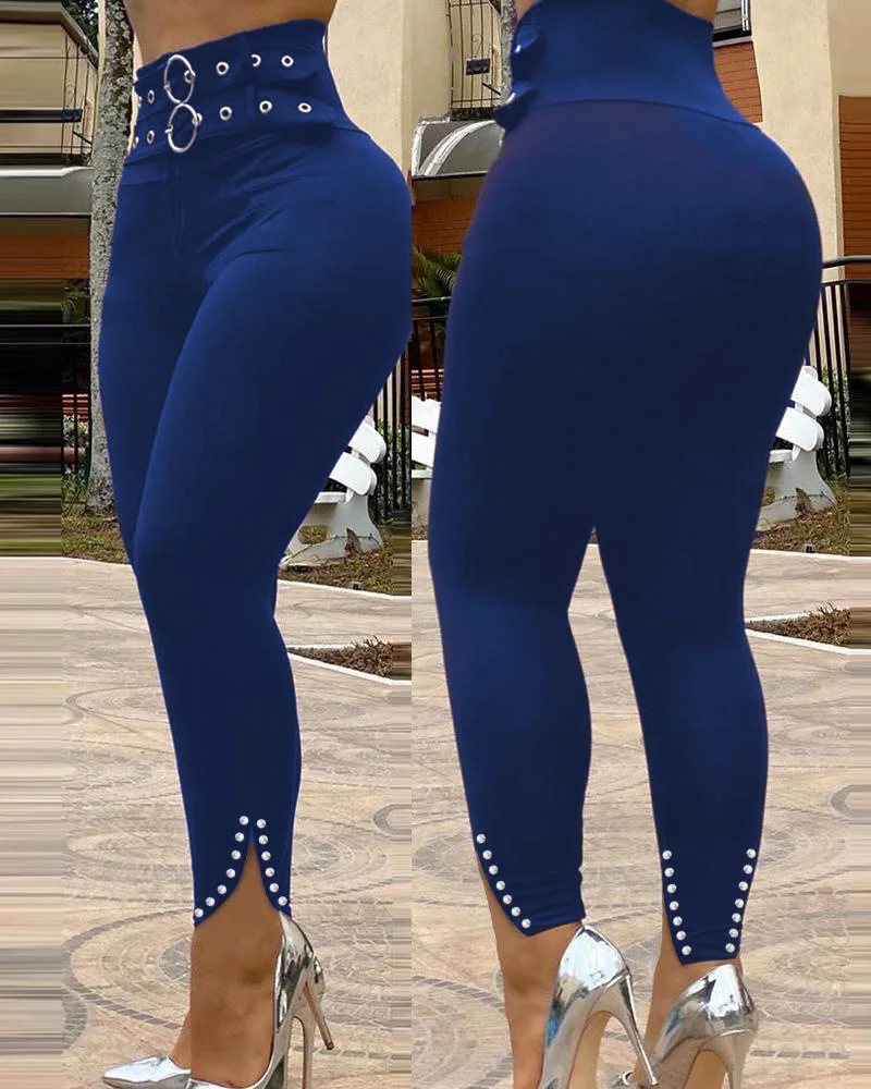 

Women Trousers Tight-fitting Slit Rivet Double-breasted Sexy Bottoming Solid Color Four Seasons High Waist Pencil Feet Pants