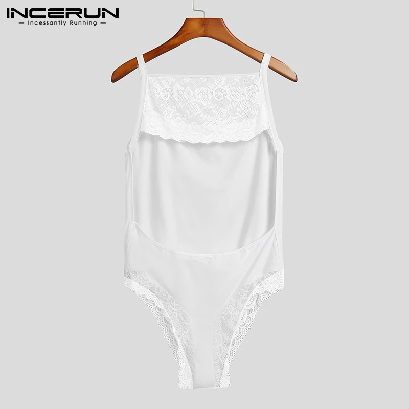 

Men Well Fitting Mesh Casual Onesies Sexy Leisure Solid Comfortable Homewear Rompers Lace Trim Sleeveless Jumpsuit S-5XL INCERUN