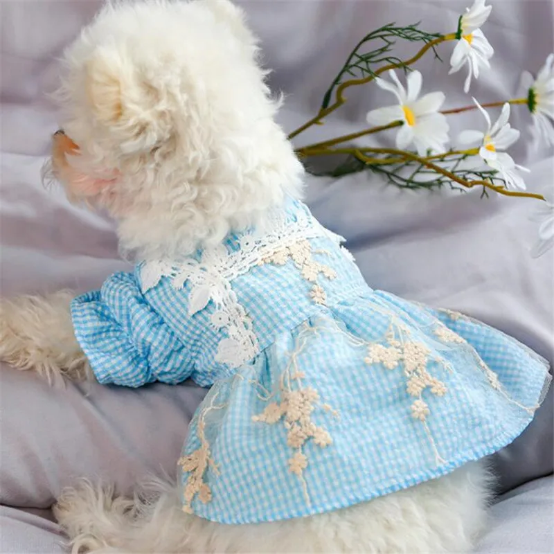

Винтажное кружевное платье для собак, летняя одежда для маленьких собак и кошек, синяя клетка, костюмы для йоркширского мальтского померанс...