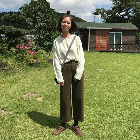 2019 Women's Kawaii New Student College Wind Pants High Waist Straight Female Cute Japan Harajuku Trousers For Women DF222 | Женская
