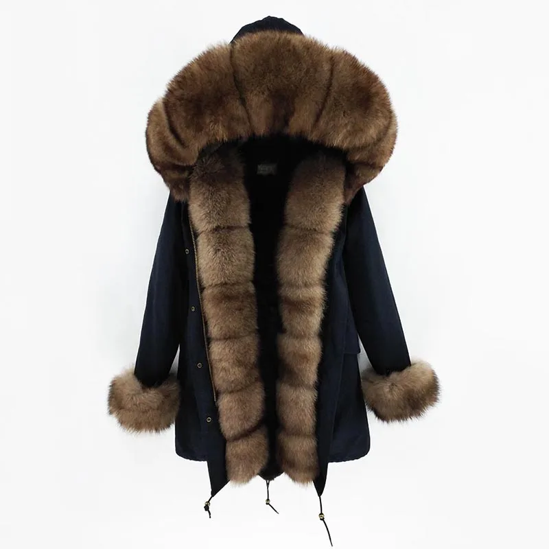 Женская Повседневная парка длинная теплая с воротником из натурального Лисьего