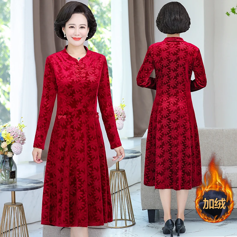 

Elegant Cheongsam Winter Velvet Plus Fleece Dress Women Jacquard O Neck Long Sleeves Vintage Length Dresses Vestidos
