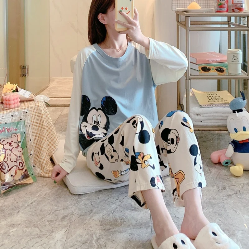 Disney Autumn Women's Sleep Lounge Set Pajama Long Sleeved Woman Mickey Mouse Pajama Set Cartoon Pyjamas Sleepwear M L XL XXL