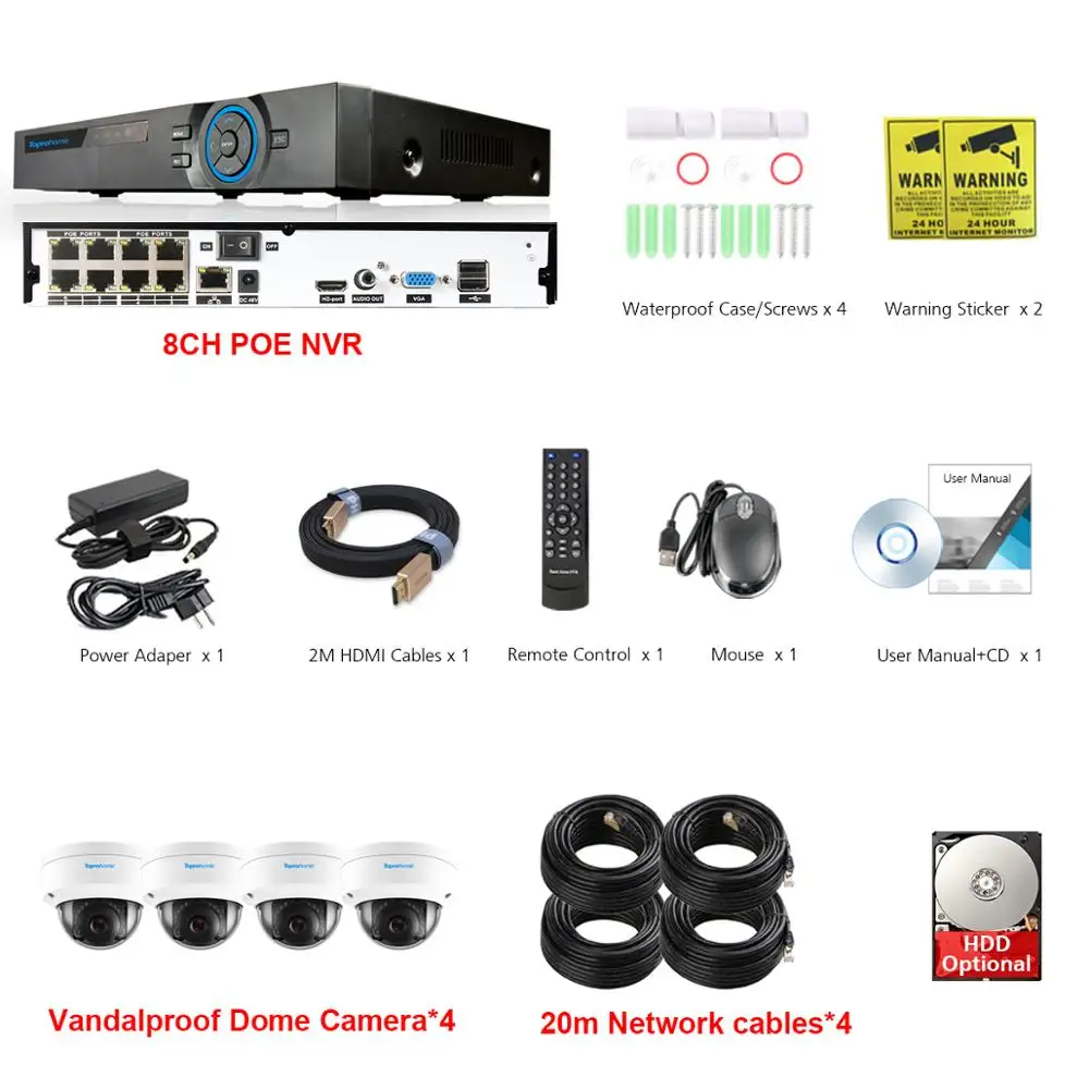 4 Camera with Cables TOPROHOIME H.265+ 8CH POE NVR комплект 48 В 2MP 1080P VandalProof аудио запись звук камеры безопасности 2MP камера ночного видения - Цвет: 4 Camera with Cables