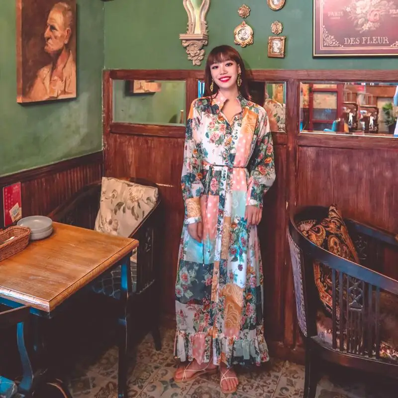 

Make holiday wind restoring ancient ways is printed and elegant dress collar female lotus lantern sleeve skirt of the dress to t