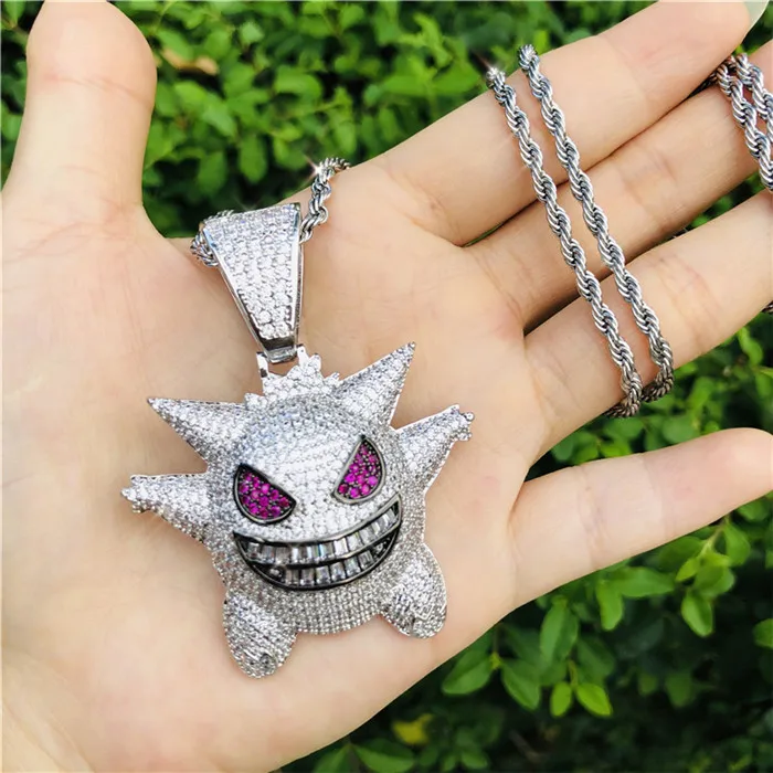silver color Bling Iced Out Zircon Gengar подвеска с покемоном ожерелье для мужчин Рэппер хип-хоп ювелирные аксессуары - Окраска металла: silver color