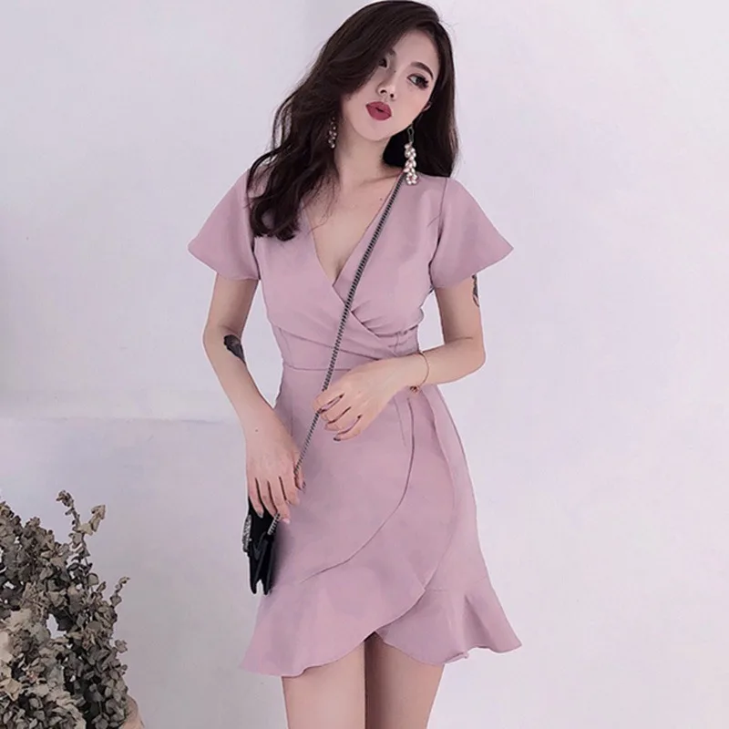 

Women Summer Short Sleeve Ruffles Dress Dress Women V Neck Irregular Vestidos Sexy Beach Solid Short Dress
