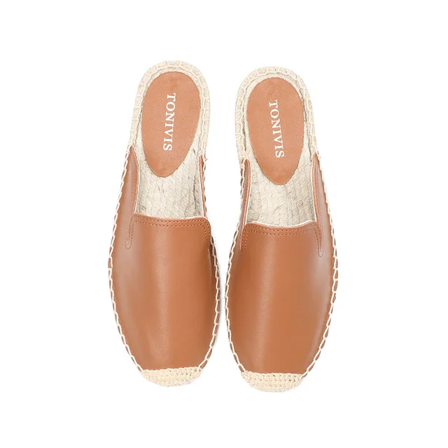 

Flat Shoes Female Genuine Leather Slippers Women Summer Slides Low Soft Rubber Hoof Heels Rome PU Fabric Fisherman Casual Basic