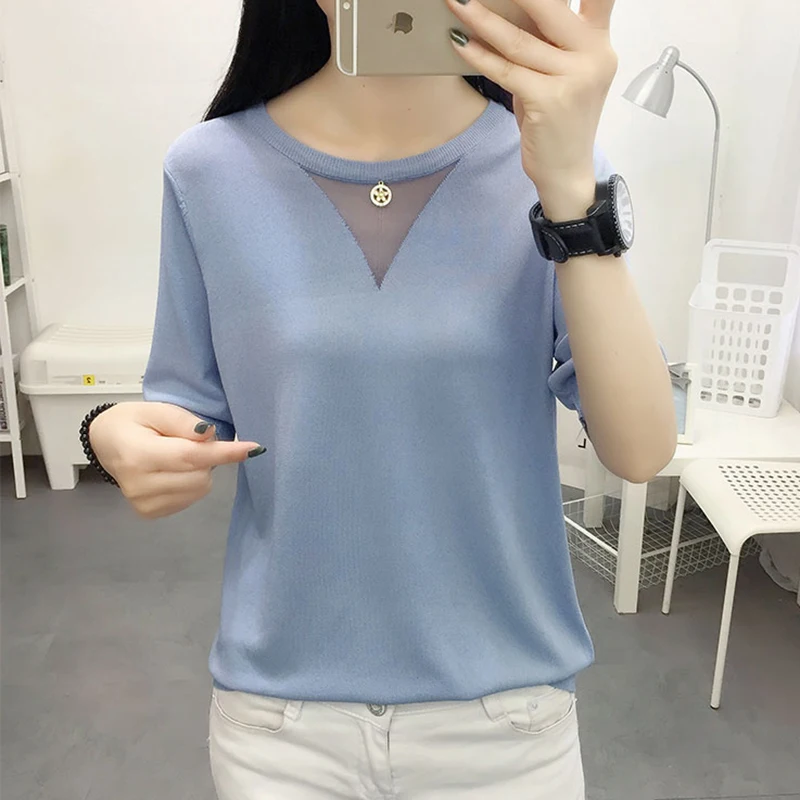 Женский тонкий трикотажный пуловер с коротким рукавом сеткой в стиле пэчворк