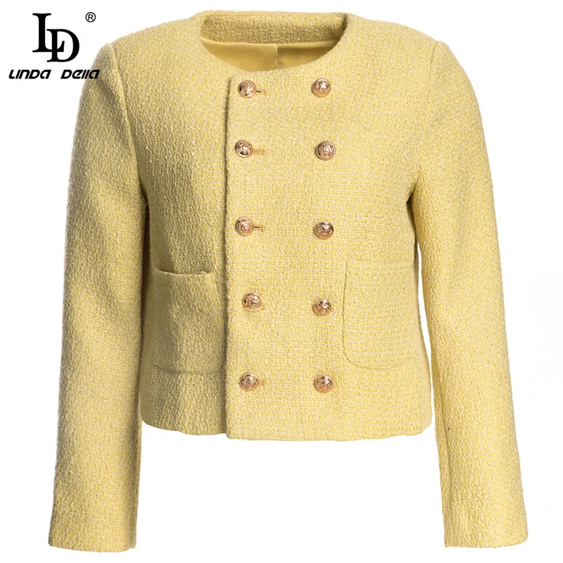 

LD LINDA DELLA дизайнерское модное осенне-зимнее женское пальто, двубортное желтое твидовое пальто, верхняя одежда