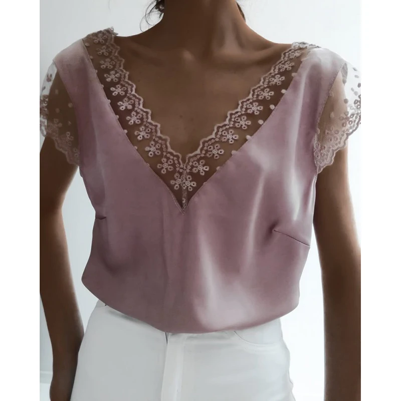

Women Summer Sexy V Neck Solid Backless Lace Patchwork Casual Loose Short Sleeve Tops And Blouses Femme Nightclub Blusa SJ6208R