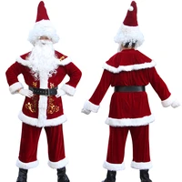 new red deluxe velvet fancy 5pcs set santa claus party with hat beard christmas couple costumes suit for adults