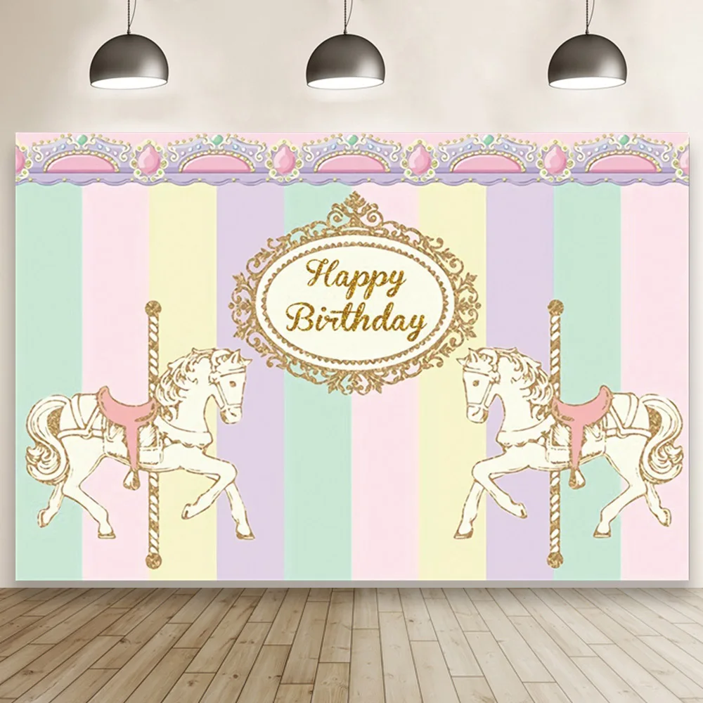 

Candy Color Carousel Princess Dream Happy Birthday Backdrop Children Studio Photography Baby Shower Background Booth Prop Banner