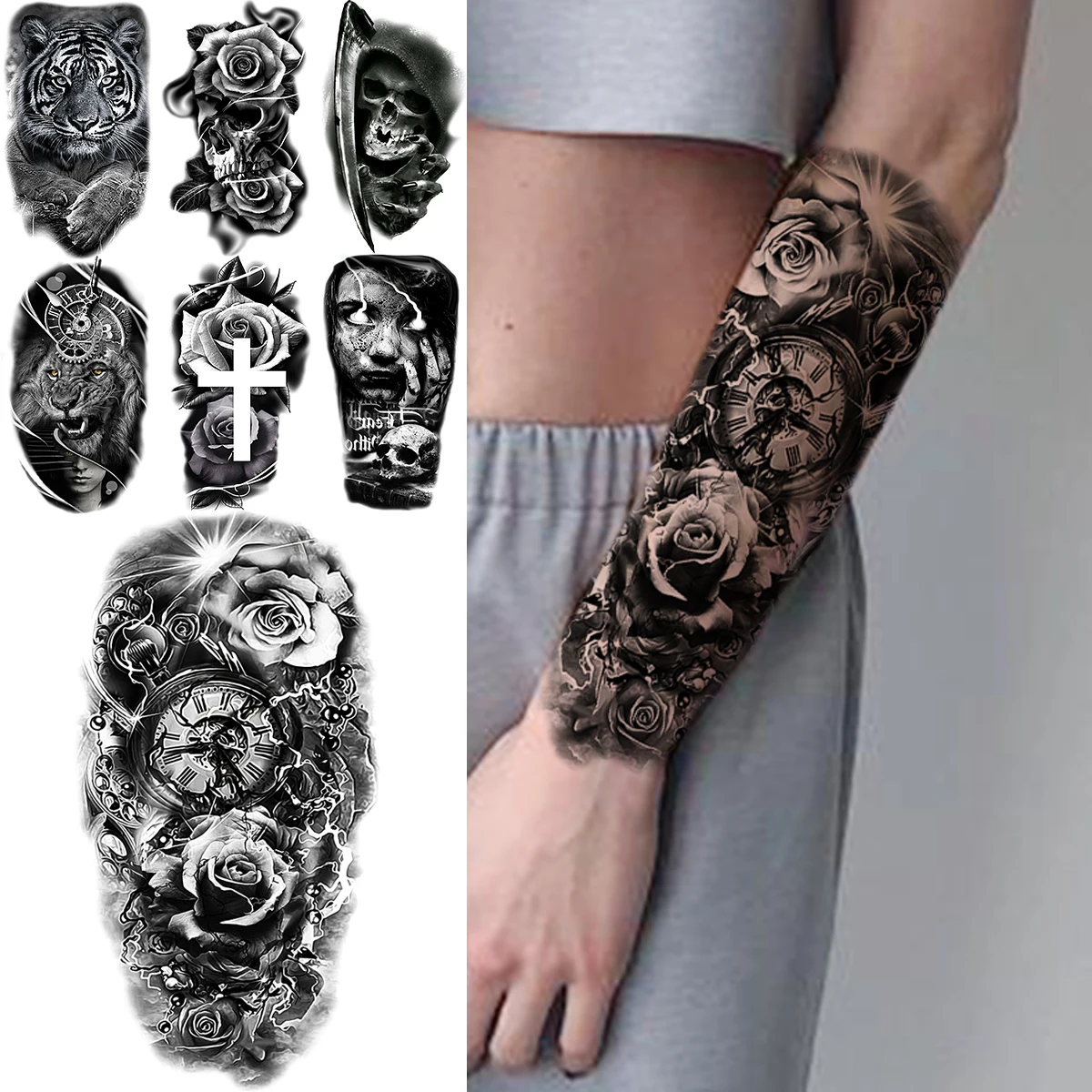

Черная роза, цветок, компас, временные татуировки для женщин, тигр, льв, череп для взрослых, Реалистичная искусственная татуировка, сексуаль...