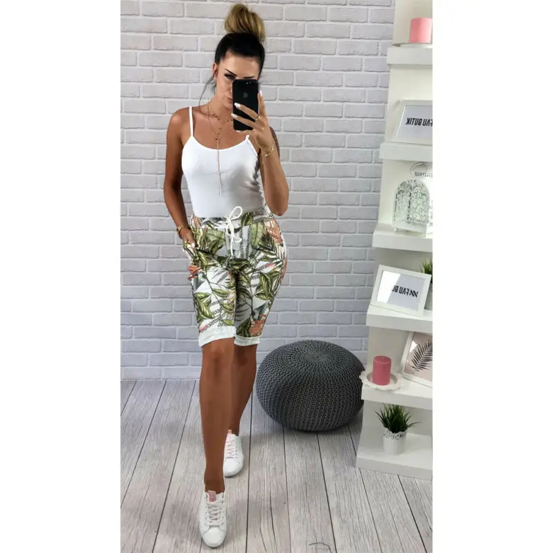 Листья тропических растений шорты с поясом Для женщин Летний пляж отпуск