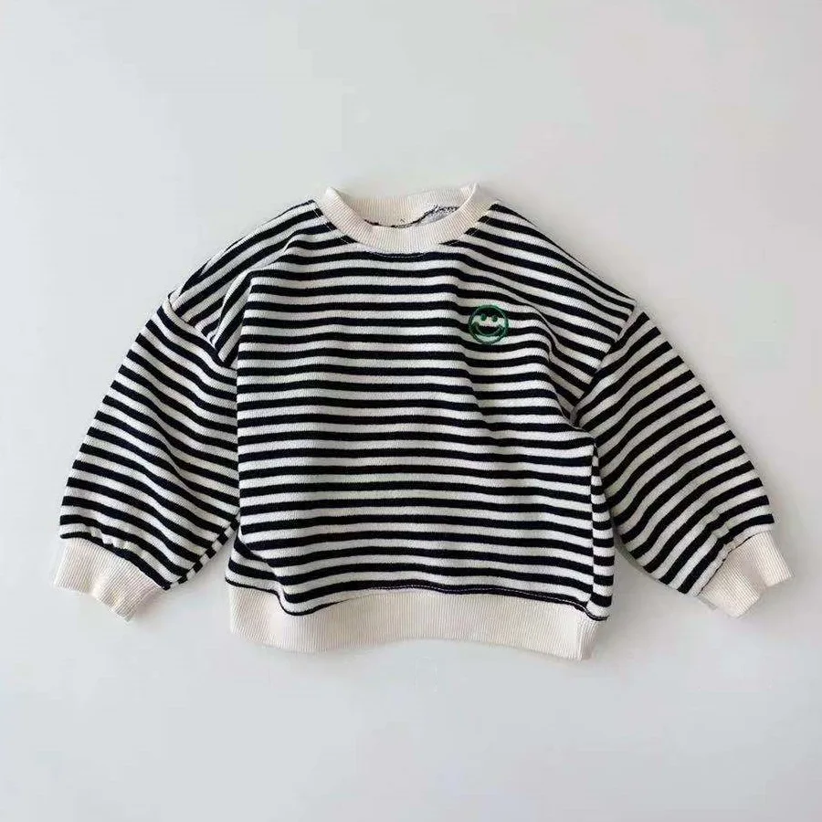 

2022 Spring New Baby Boys Girls Smiley Embroidered Sweatshirt Loose Kids Casual Striped T Shirts Infant Toddler Long Sleeve Tops