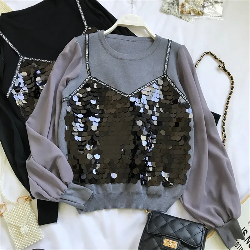 Neploe поддельные две Piees блестящие блестками Blusas с буквенным принтом грациозная женская блузка Весна Осень Новая Модная элегантная рубашка 69261
