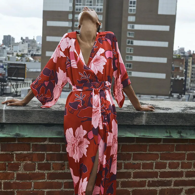 

Za Sweet Women's Dress Vintage V-Neck Long-Sleeved Dress Female Temperament Floral Printing Asymmetrical Fashion Costume