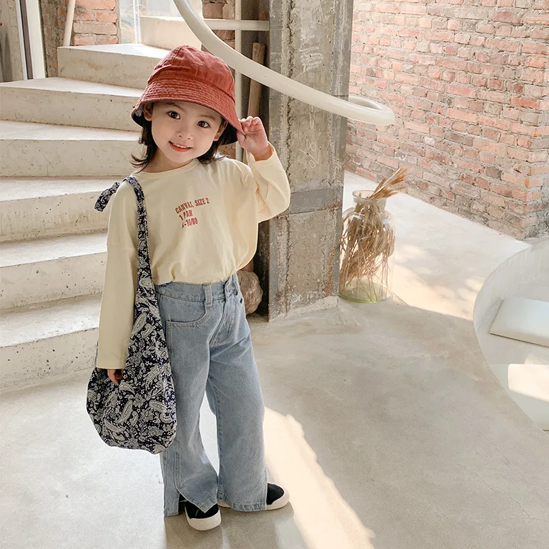 

2021 Spring Autumn New Children's Bottoming Clothes Boys Girls Fashion Simple Letter Long Sleeved T Shirt Round Neck Top Tide