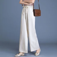 linen wide leg loose women pants no stretch breathable fashion elastic high waist white ladies ruffled solid straight trousers