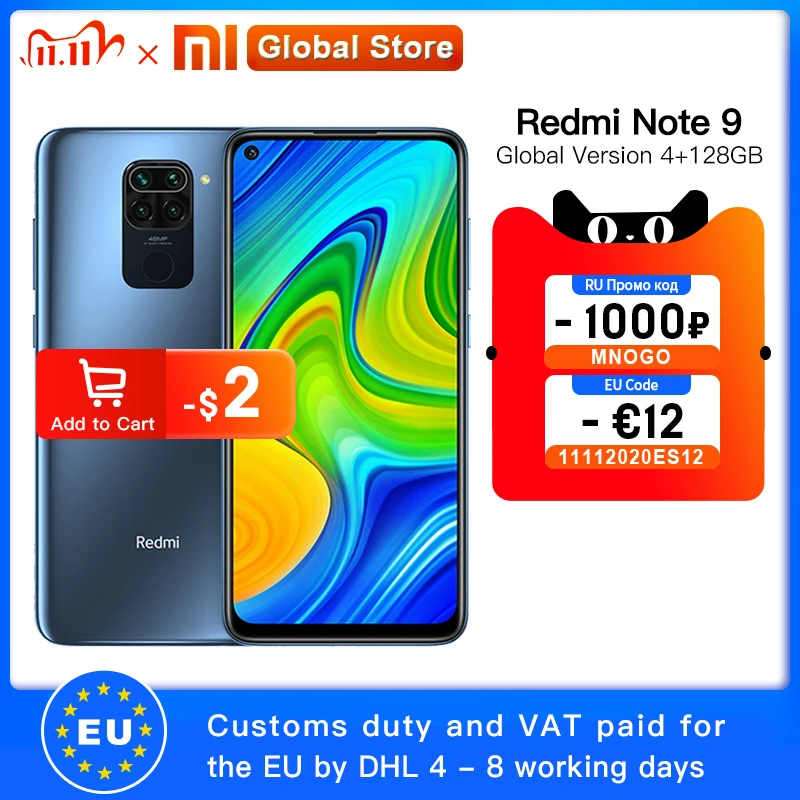 Глобальная версия смартфона Xiaomi Redmi Note 9 4 Гб 128 ГБ Восьмиядерный процессор MTK Helio G85