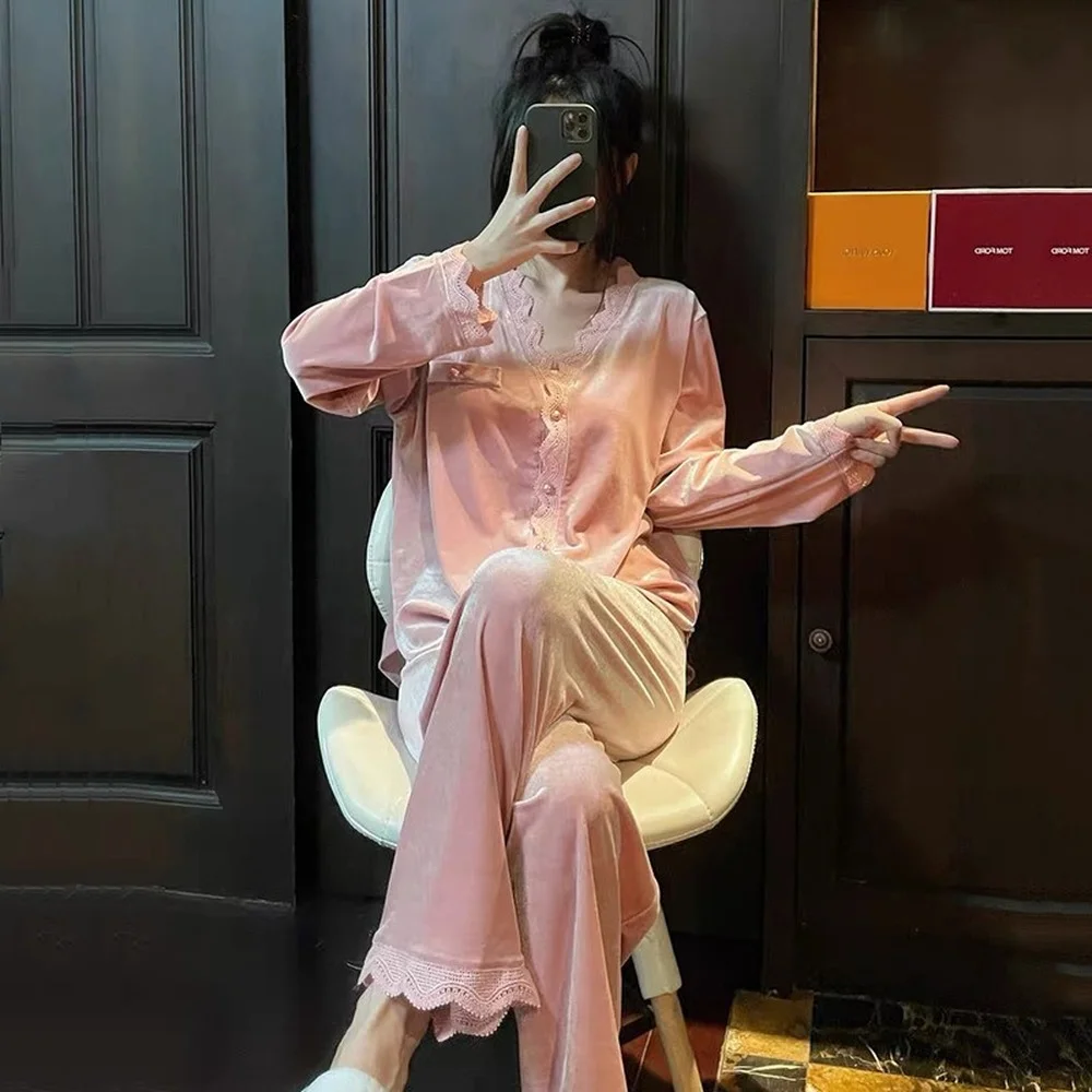 Gold Velvet Pajamas for Women Autumn and Winter Long-sleeved Lace Home Service Ins Sweet Cardigan Suit Women's Pajamas Set