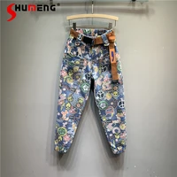 2021 spring summer personalized cartoon pattern ladies denim harem pants korean women new high waist loose limming skinny jeans