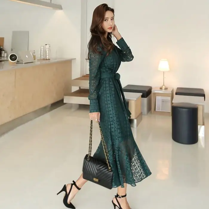 

ZITY Women Spring Long Sleeve Lace Dress Beach Vintage Maxi Patchwork Vintage Dresses Casual Belt Dress Robe Femme